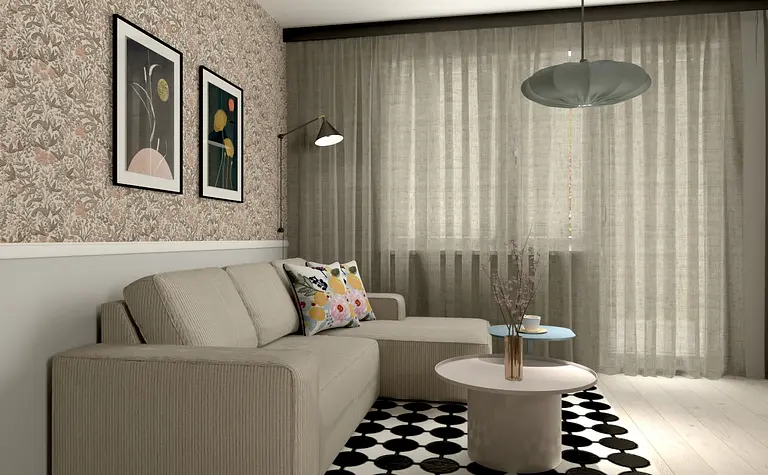 Wnętrze salonu z minimalistycznym designem, beżowa sofa, drewniane akcenty i nowoczesne obrazy.