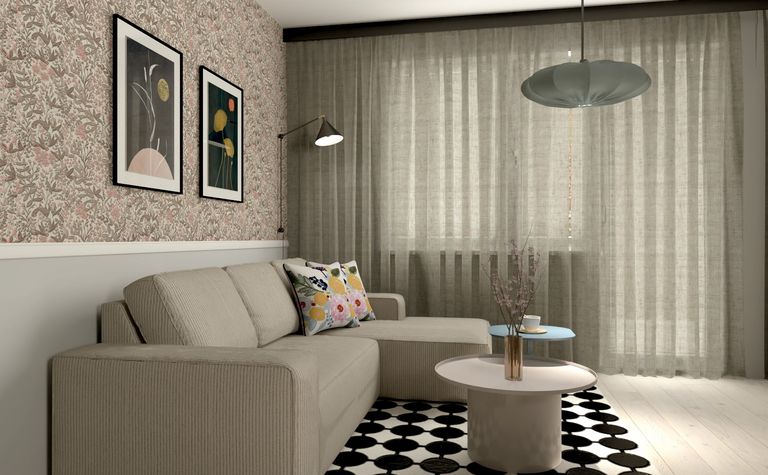 Wnętrze salonu z minimalistycznym designem, beżowa sofa, drewniane akcenty i nowoczesne obrazy.