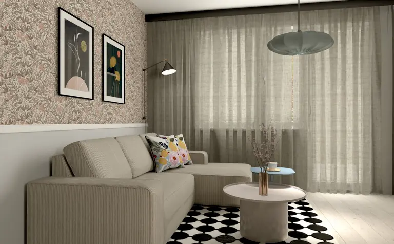 Wnętrze salonu z minimalistycznym designem, beżowa sofa, drewniane akcenty i nowoczesne obrazy.