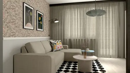 Wnętrze salonu z minimalistycznym designem, beżowa sofa, drewniane akcenty i nowoczesne obrazy.