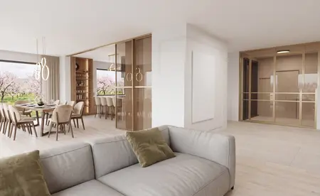 Wnętrze salonu z jadalnią w stylu glamour, nowoczesnym, tradycyjnym i współczesnym, biała sofa, drewno, szklana przegroda