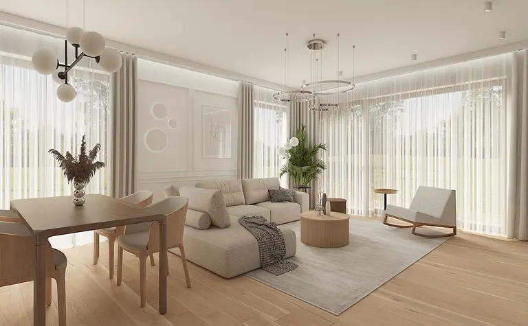 Wnętrze salonu w stylu japandi i minimalistycznym, z jasnymi meblami i roślinami.
