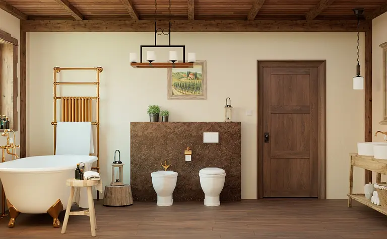 Łazienka w stylu rustykalnym z wanną i drewnianymi detalami