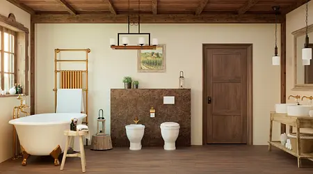 Łazienka w stylu rustykalnym z wanną i drewnianymi detalami