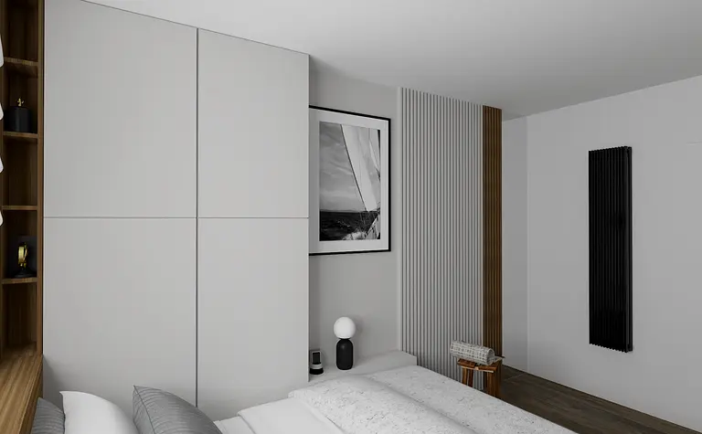 Wnętrze sypialni z minimalistycznym designem, szare meble i nowoczesne akcesoria.