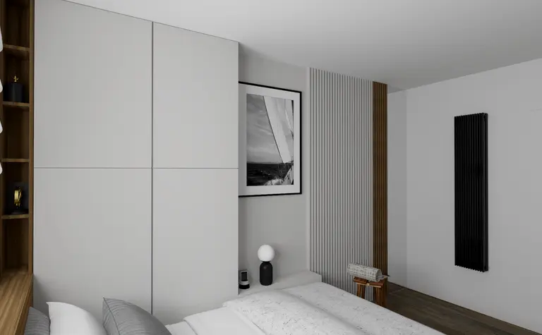 Wnętrze sypialni z minimalistycznym designem, szare meble i nowoczesne akcesoria.