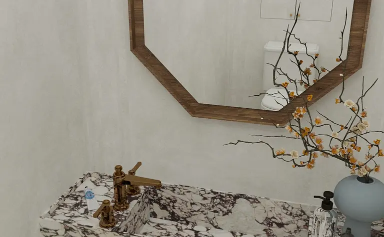 Wnętrze łazienki z marmurową umywalką, drewnianym lustrem oraz dodatkami w stylu art deco, minimaluxe, quiet luxury.