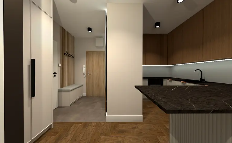 Współczesne wnętrze kuchni z brązowymi meblami i białymi ścianami.