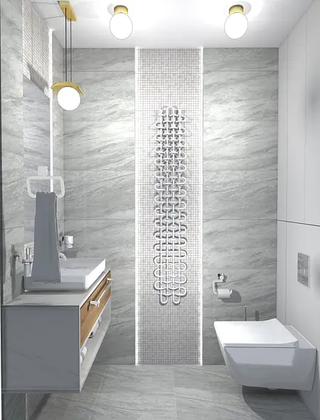 Nowoczesna łazienka z szarymi płytkami, drewnem i detalami w stylu dopamine decor, industrialnym.