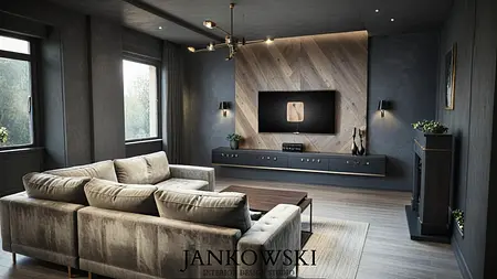 Wnętrze salonu z szarymi ścianami, jasną sofą, industrialnymi akcentami oraz drewnianymi detalami.