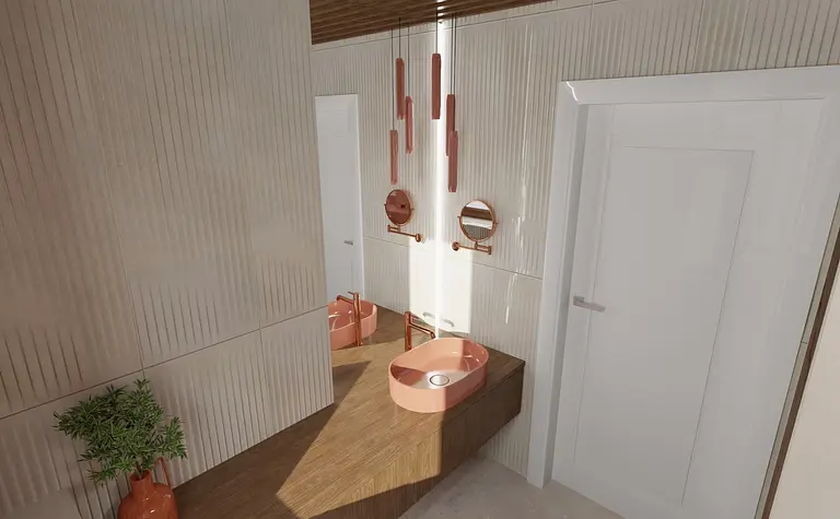 Wnętrze łazienki z różową umywalką i rustykalnymi akcentami, dopamine decor, vintage, eklektyczny