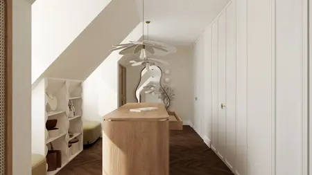 Przestronna garderoba na poddaszu z drewnianą wyspą, białymi szafami wnękowymi i designerskimi lampami sufitowymi. Przestrzeń uzupełniają półki na akcesoria i duże lustro.