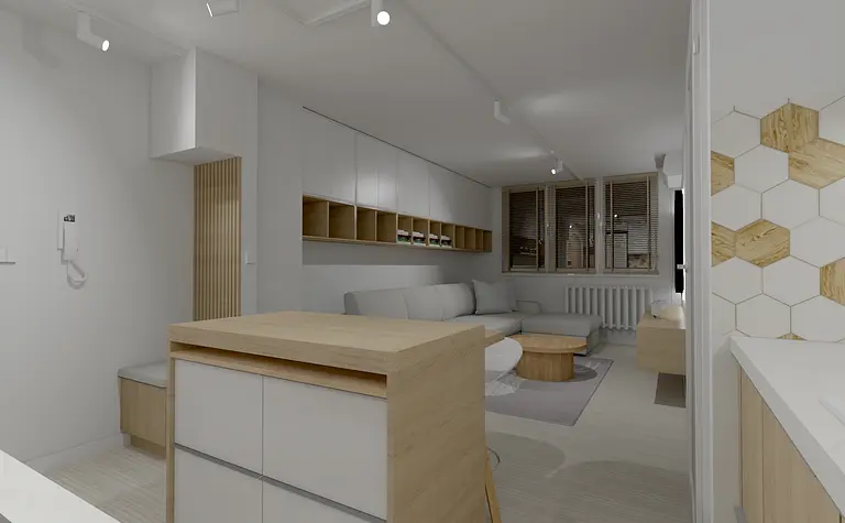 Nowoczesne wnętrze salonu z minimalistycznym drewnianym wykończeniem i skandynawskim stylem.