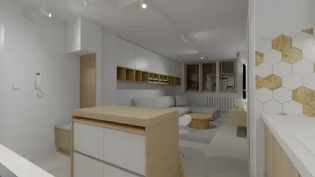 Nowoczesne wnętrze salonu z minimalistycznym drewnianym wykończeniem i skandynawskim stylem.