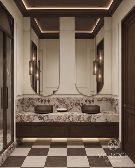 Nowoczesna łazienka w stylu quiet luxury z marmurowym blatem i drewnianymi detalami.