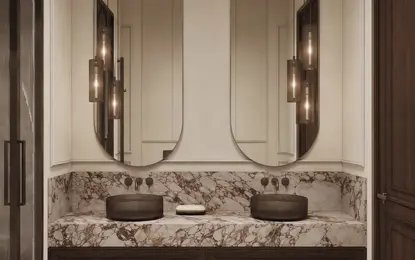 Nowoczesna łazienka w stylu quiet luxury z marmurowym blatem i drewnianymi detalami.