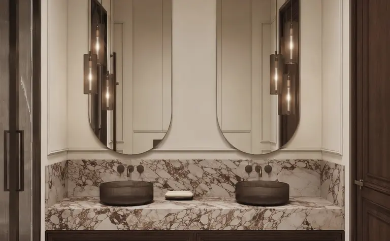 Nowoczesna łazienka w stylu quiet luxury z marmurowym blatem i drewnianymi detalami.