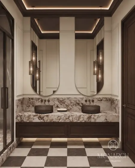 Nowoczesna łazienka w stylu quiet luxury z marmurowym blatem i drewnianymi detalami.