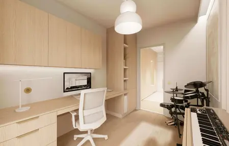 Wnętrze gabinetu w stylu japandi, minimalistycznym, nowoczesnym i quiet luxury.