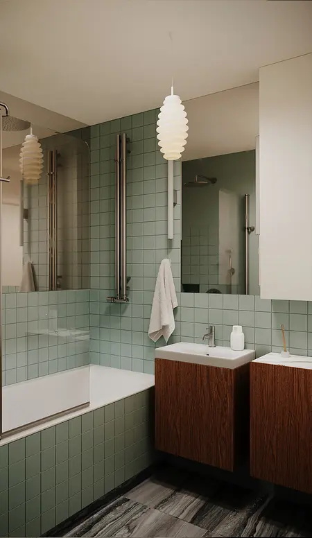 Nowoczesna łazienka z zielonymi płytkami, drewnianymi meblami, oświetleniem i lustrem.