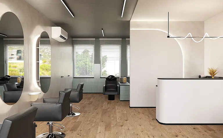 Wnętrze salonu fryzjerskiego w stylu boho i japandi, z drewnianą podłogą i nowoczesnymi lustrami.