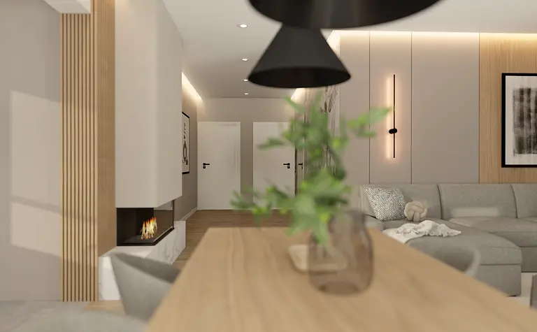 Wnętrze salonu w stylu japandi z minimalistycznym designem, skandynawskie akcenty.