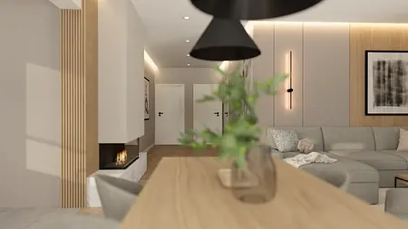 Wnętrze salonu w stylu japandi z minimalistycznym designem, skandynawskie akcenty.