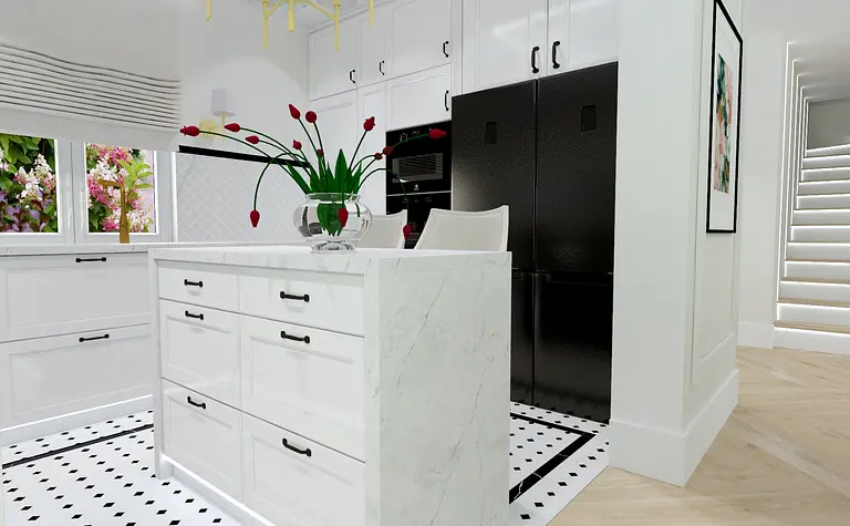Kuchnia współczesna z białymi meblami i glamour akcentami