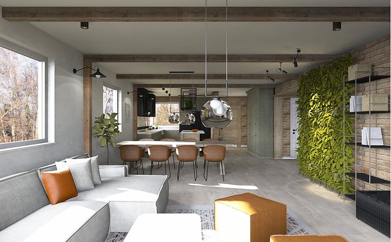 Wnętrze eklektycznego salonu z rustykalnymi akcentami i nowoczesnymi meblami.