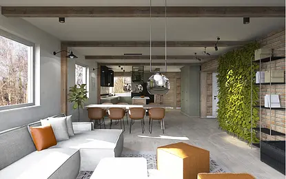 Wnętrze eklektycznego salonu z rustykalnymi akcentami i nowoczesnymi meblami.