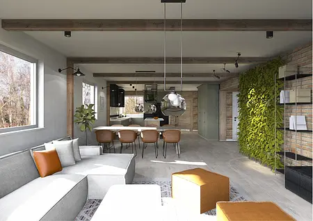 Wnętrze eklektycznego salonu z rustykalnymi akcentami i nowoczesnymi meblami.