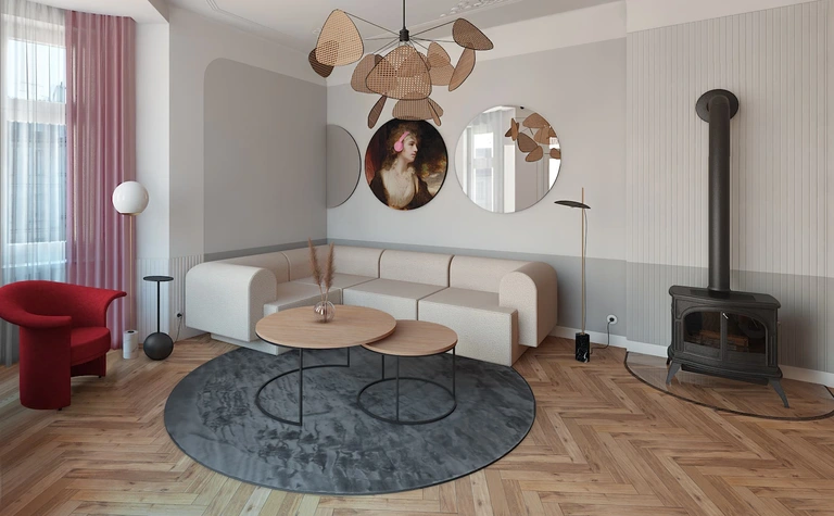 Wnętrze salonu w stylu dopamine decor z jasną sofą, drewnianym stolikiem i okrągłym dywanem.