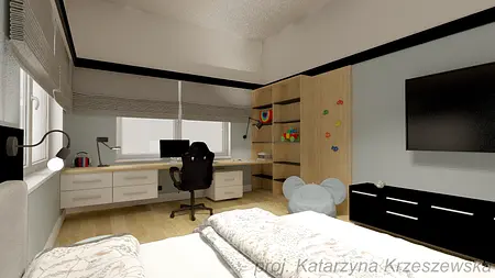 Pokój dziecięcy z biurkiem, szafą i dekoracjami w nowoczesnym stylu