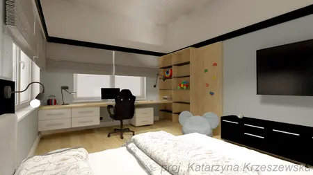 Pokój dziecięcy z biurkiem, szafą i dekoracjami w nowoczesnym stylu