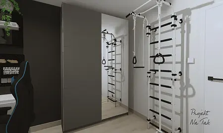 Garderoba z szarymi meblami, białą ścianą i sprzętem do ćwiczeń