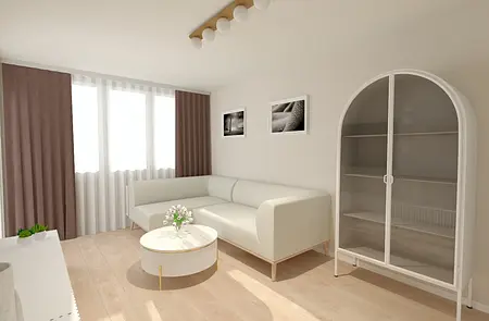 Współczesny salon z białą sofą, brązowymi zasłonami i okrągłym stolikiem.