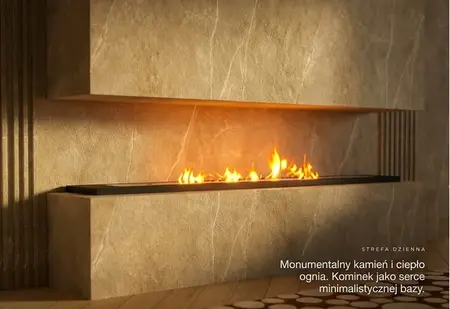 Minimalistyczny kominek z jasnym wykończeniem w nowoczesnym wnętrzu