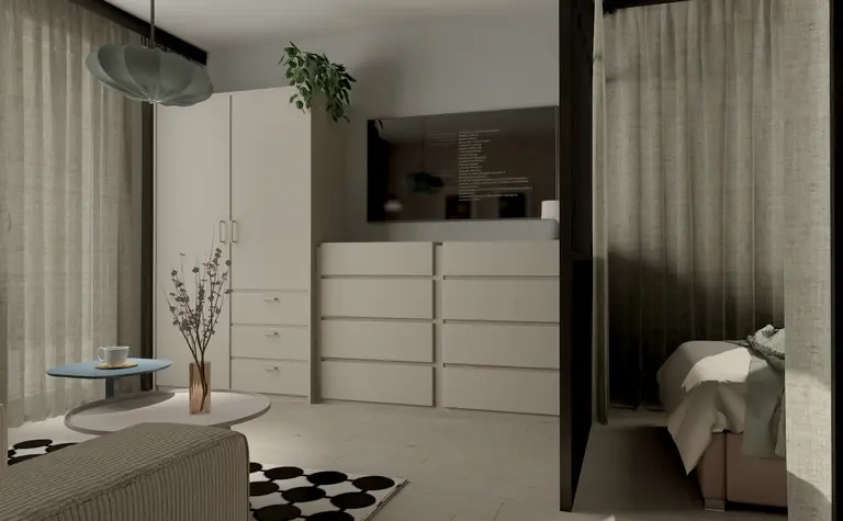 Nowoczesne wnętrze z szafą, minimalistycznym stolikiem i rośliną