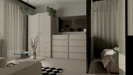Nowoczesne wnętrze z szafą, minimalistycznym stolikiem i rośliną