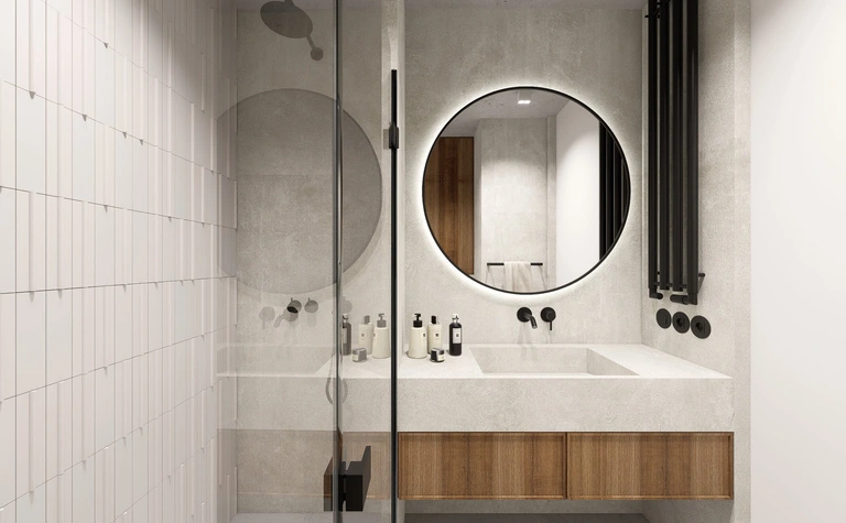 Nowoczesna łazienka z minimalistycznym designem, industrialnymi detalami.
