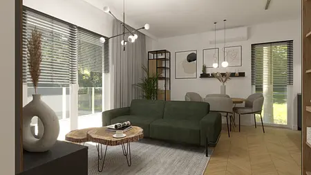 Wnętrze z zieloną sofą, drewnianym stolikiem i roślinami w stylu industrialnym i minimalistycznym.