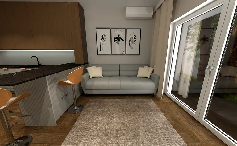 Współczesne wnętrze kuchni z szarym sofą i brązowym blatem