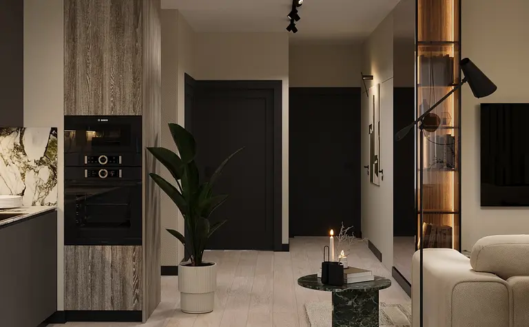 Wnętrze salonu w stylu eklektycznym z meblami glamour i minimalistycznymi akcentami.