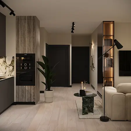 Wnętrze salonu w stylu eklektycznym z meblami glamour i minimalistycznymi akcentami.