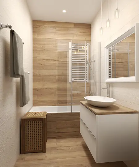 Nowoczesna łazienka w stylach boho i minimalistycznym z drewnem