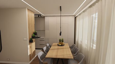 Jadalnia w stylu minimalistycznym z drewnianym stołem i szarymi krzesłami, nowoczesne wnętrze