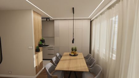 Jadalnia w stylu minimalistycznym z drewnianym stołem i szarymi krzesłami, nowoczesne wnętrze