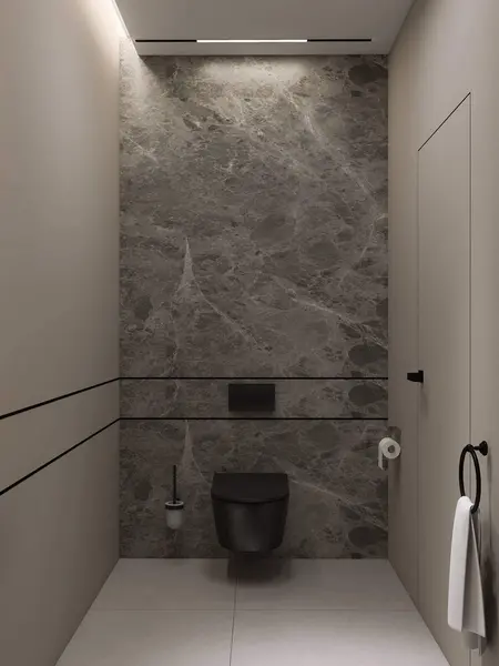 Minimalistyczna toaleta w stylu nowoczesnym z szarymi płytkami i czarnym WC.