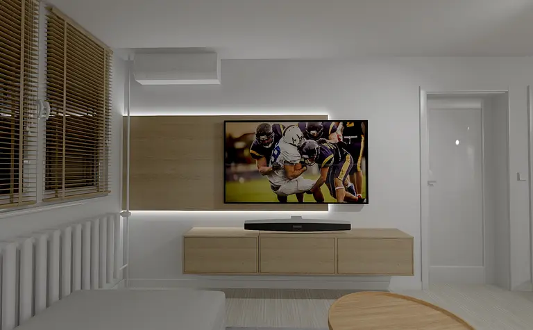 Wnętrze salonu z minimalistycznym designem, nowoczesnymi meblami i skandynawskim akcentem.