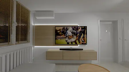 Wnętrze salonu z minimalistycznym designem, nowoczesnymi meblami i skandynawskim akcentem.